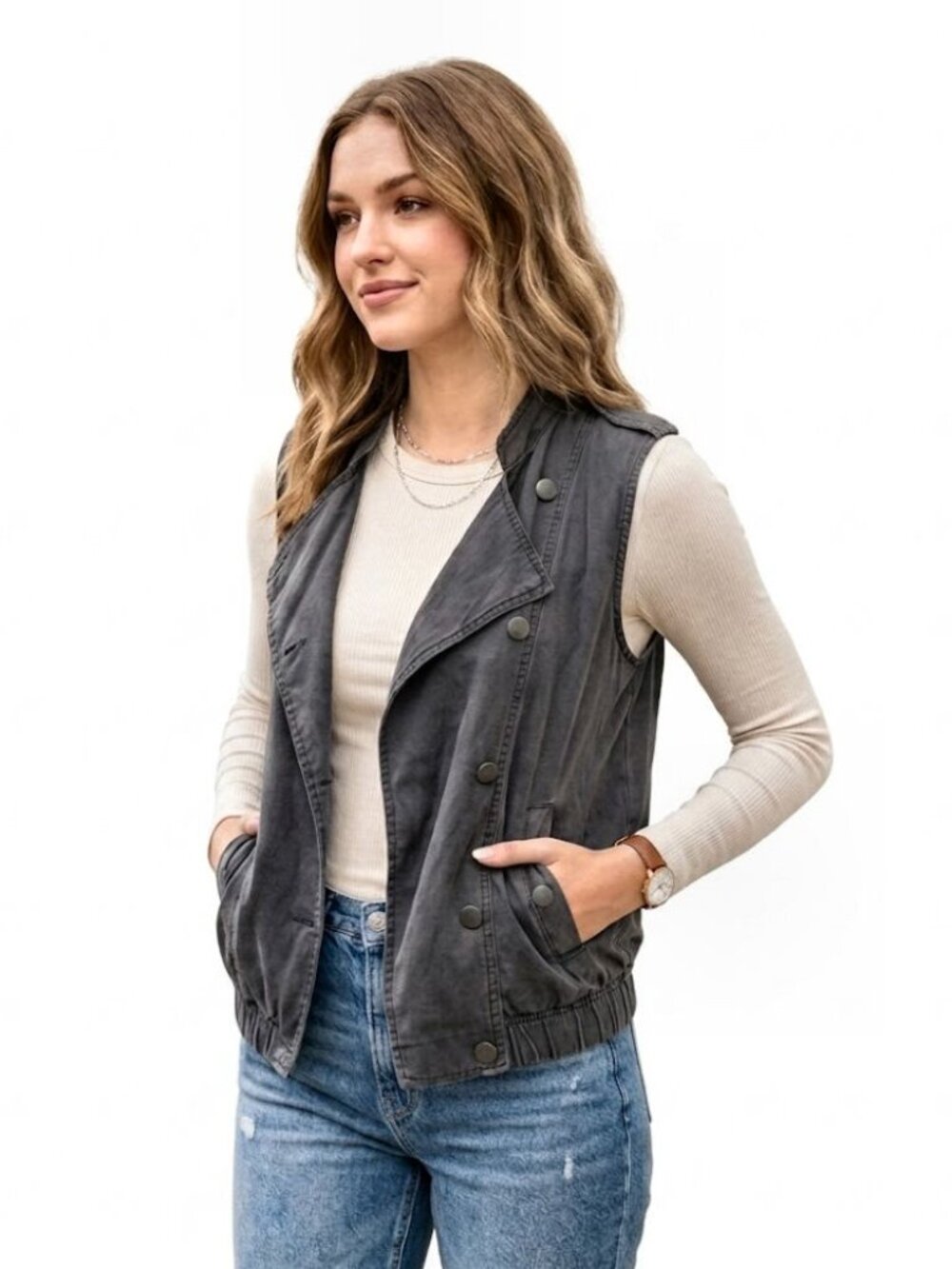 Sun & Shadow Asymmetrical Moto Vest, Washed Black/Gray, Womens Size Small
